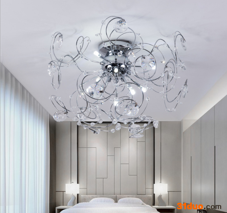 客厅卧室圆形太阳花吸顶灯 遥控式铁艺水晶灯 现代简约LED灯