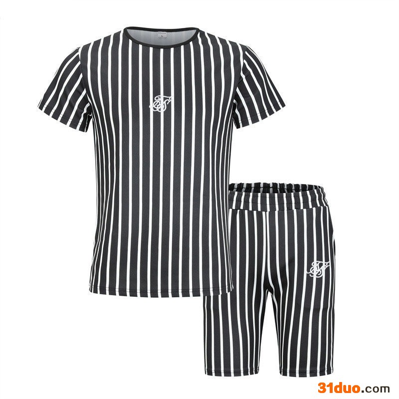 其他  条纹-TZ27  夏季新款跨境条纹套装亚马逊欧美时尚休闲男士短袖运动短裤套装潮