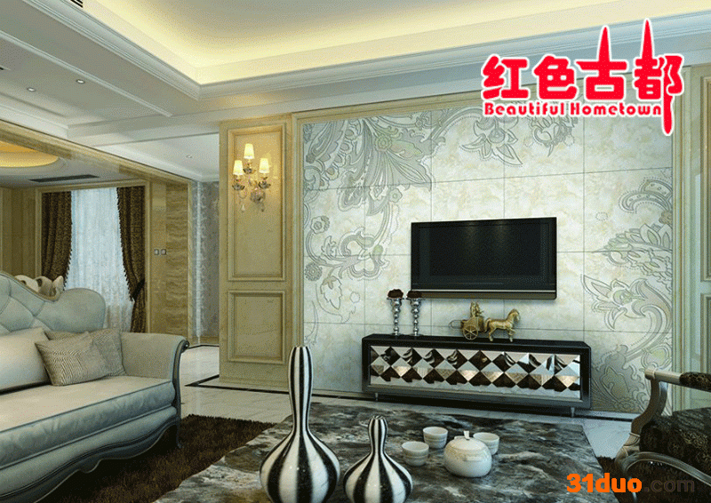 佛山陶瓷豪宅别墅、梦话花卉、幻彩精雕刻、艺术电视背景墙