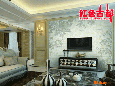 佛山陶瓷豪宅别墅、梦话花卉、幻彩精雕刻、艺术电视背景墙