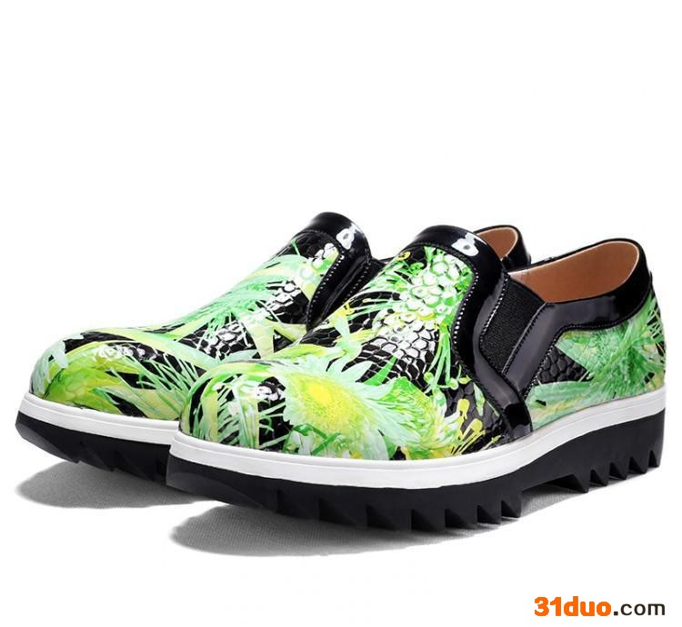 2015春季新款街头漆皮单鞋浅口平跟印花植物花卉女鞋