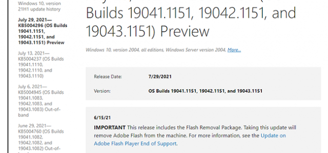 微软发布 Win 10 Build 19043.1151更新（KB5004296）