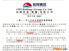 旭辉前8月销售额同比增38% 单月销量连跌三个月