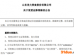 龙大肉食：自明日起证券简称变更为“龙大美食”