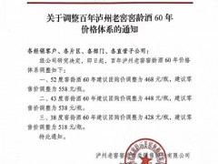 泸州老窖窖龄60年涨价 上调幅度70元