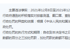 华住酒店温州某分公司违法被罚 未积极落实防控措施